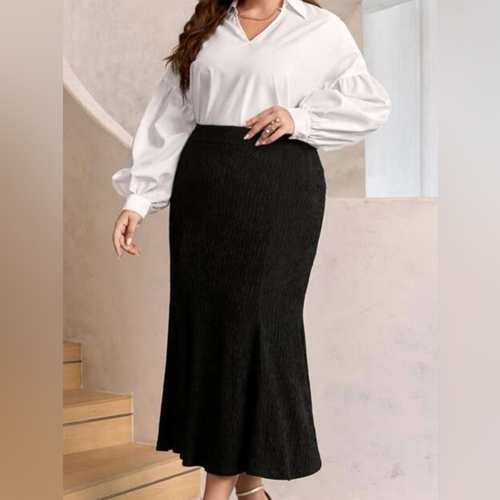 NEW 1 XL SHEIN Modely Plus Solid Bishop Sleeve Blouse & Mermaid Skirt